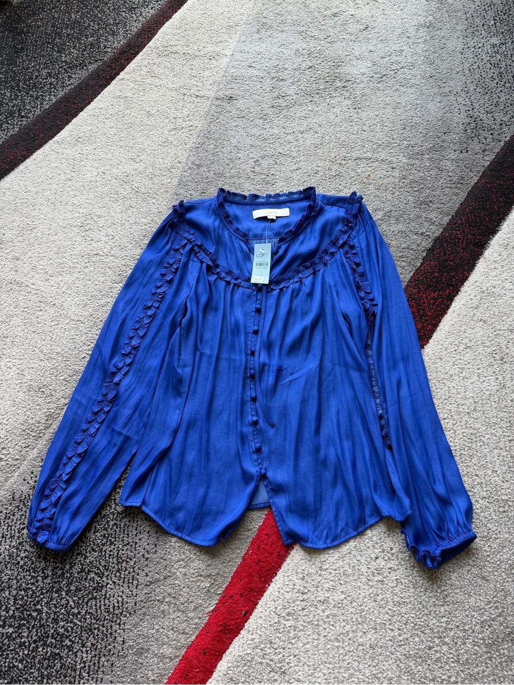 LOFT Cobalt Ruffle Trim Detail Long Sleeve Shirt Blouse